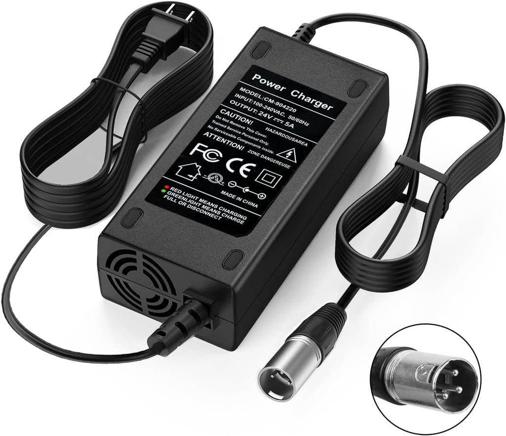 24V 5A 3-Pin Male XLR Charger for Lakematic, Pride Mobility, Jazzy Power Chair, Shoprider, Drive Medical, Golden Technologies, Rascal 200T/500T/301 PC 24BC5000TF-1, Only for Lead Acid