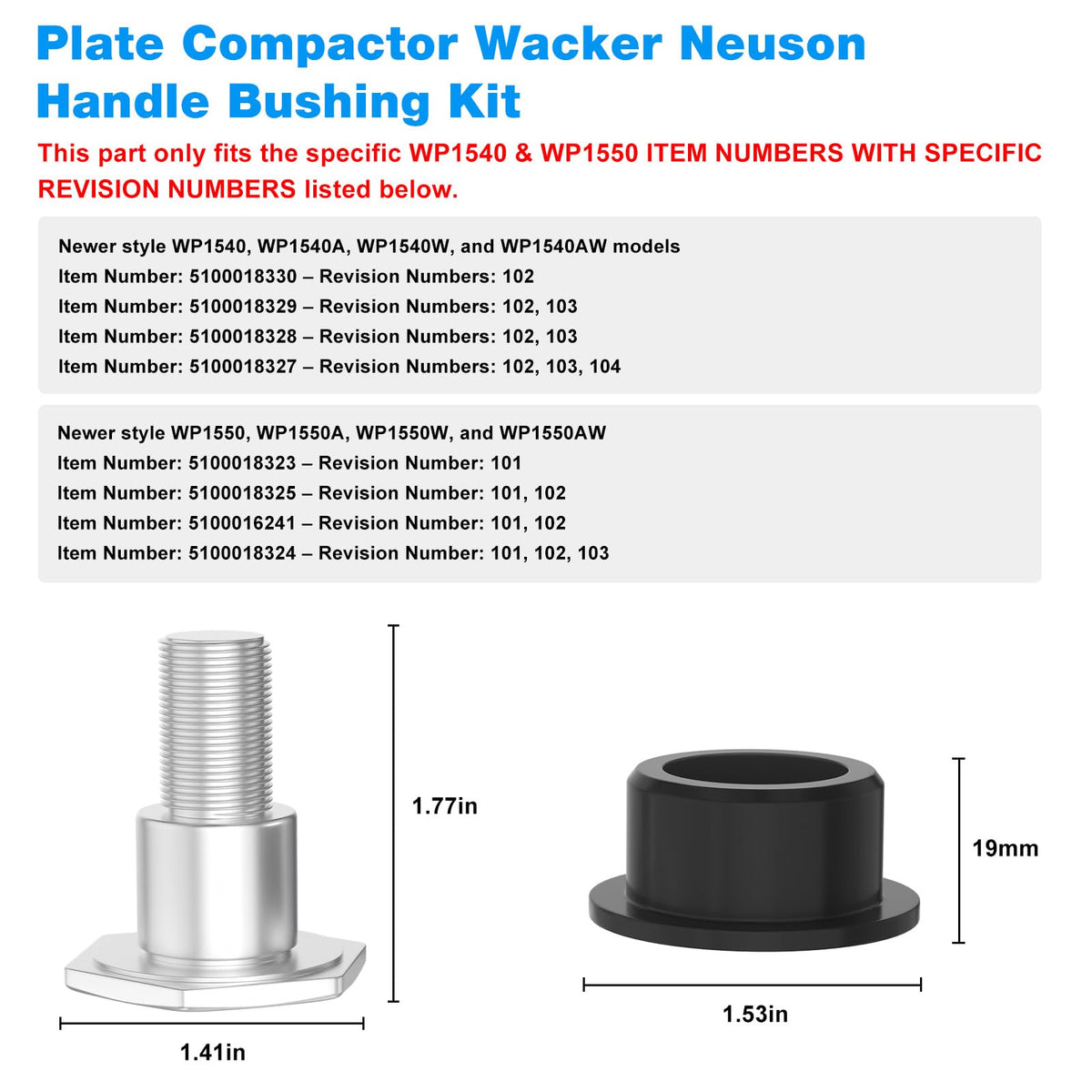 WP1540 WP1550 Handle Bushing w/Bolt Kit for Wacker Neuson newer style