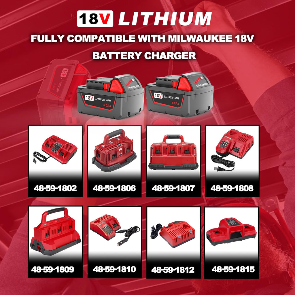 2 Pack 6.0Ah Replacement for Milwaukee M18 Battery 48-11-1850 48-11-1860, Compatible with M18 Milwaukee 18V Battery