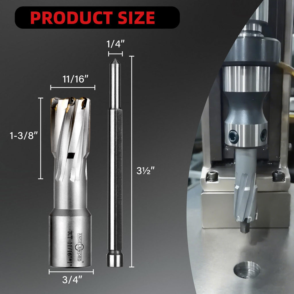 ANGELSWORD TCT Annular Cutter Diameter 11/16", Cutting Depth 1-3/8" Tungsten Carbide Tipped, Mag Drill Bits Kit for Magnetic Drill Press, with One 1/4"*3.5" Pilot Pin