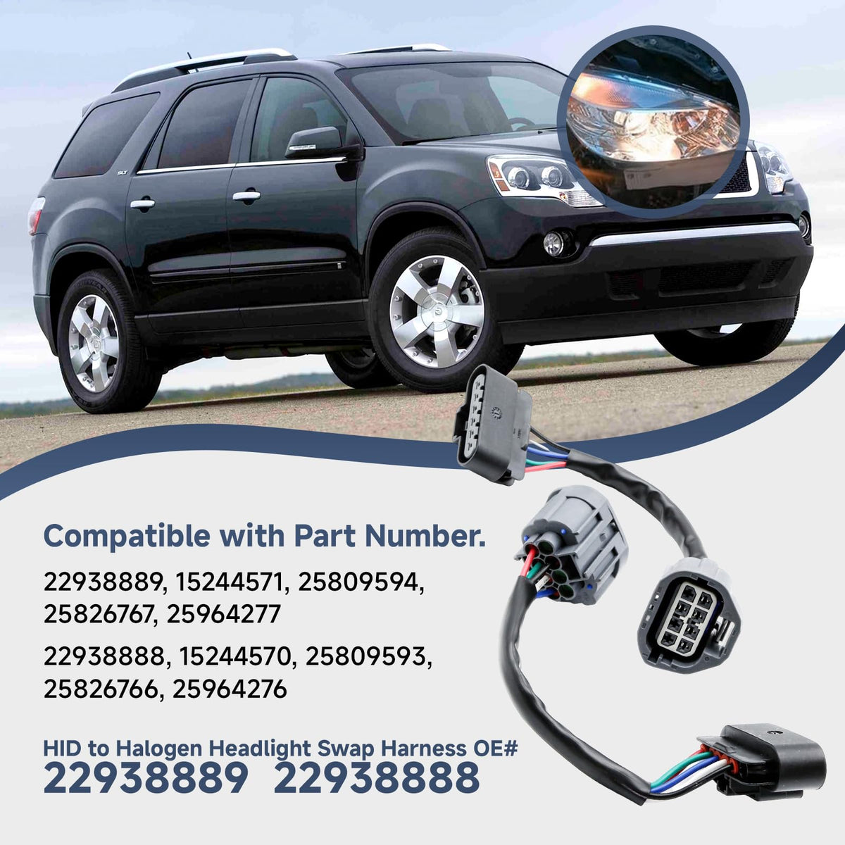HID to Halogen Headlight Wiring Adapter Headlamp Conversion Swap Harness Left Right for GMC Acadia 2007-2012 Driver Passenger Side 22938889 22938888