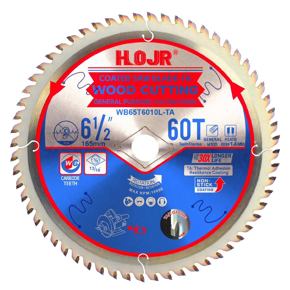 HOJR Circular Saw Blades Woodworking TA Series,6-1/2" 60-Tooth 5/8" Arbor, Ultra Finish/GeneralPurpose,Special Anti-Thermal Adhesion Coating on Cutting Head -TA, 6-1/2" 60T TA.