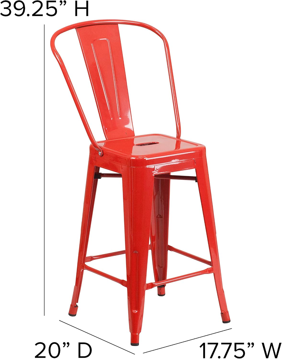 Commercial Grade 24" H Red Metal Indoor-Outdoor Counter Height Stool w/Back