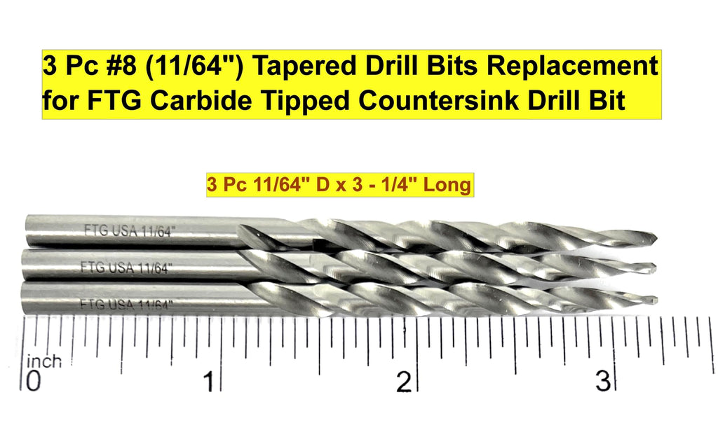 FTG USA 3 Pk #8 (11/64") HSS M2 Tapered Replacement Bits for TCT Countersink