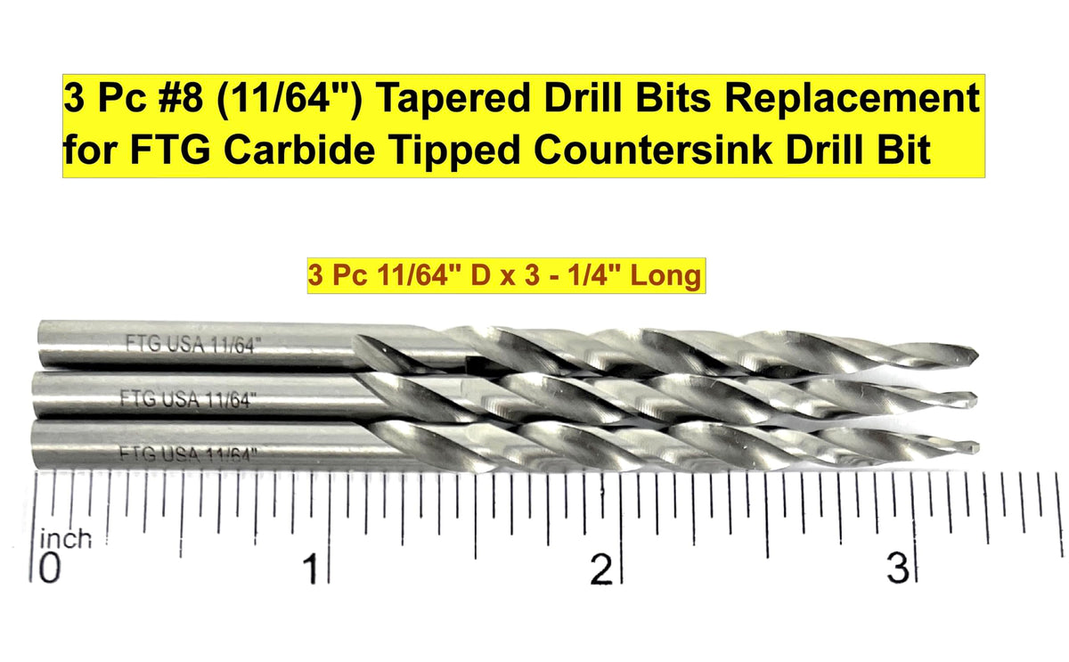 FTG USA 3 Pk #8 (11/64") HSS M2 Tapered Replacement Bits for TCT Countersink