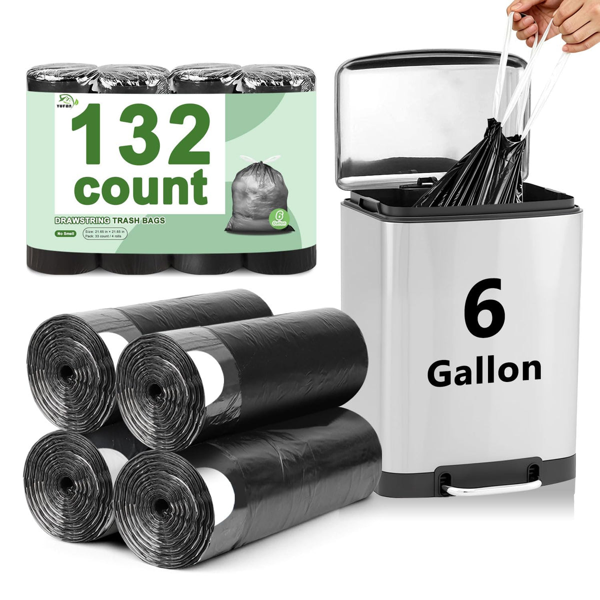 6 Gallon Trash Bags Drawstring, 132 Count, Black