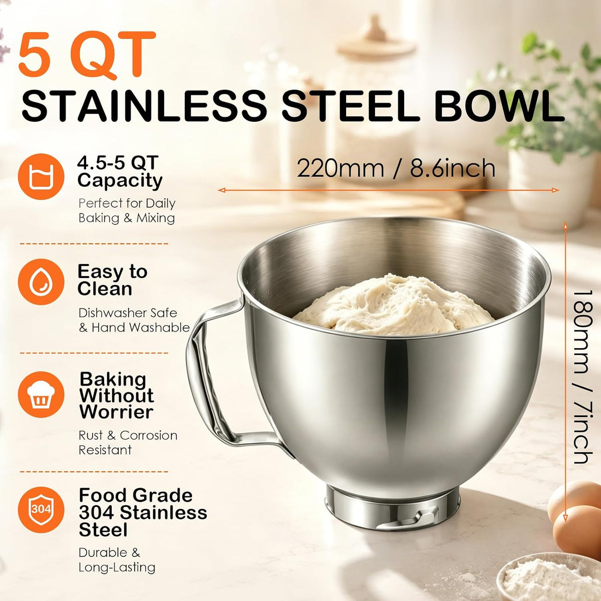 5QT Stainless Steel Mixer Bowl for KitchenAid Tilt Head Stand Mixer | Fits 4.5-5 Quart Models
