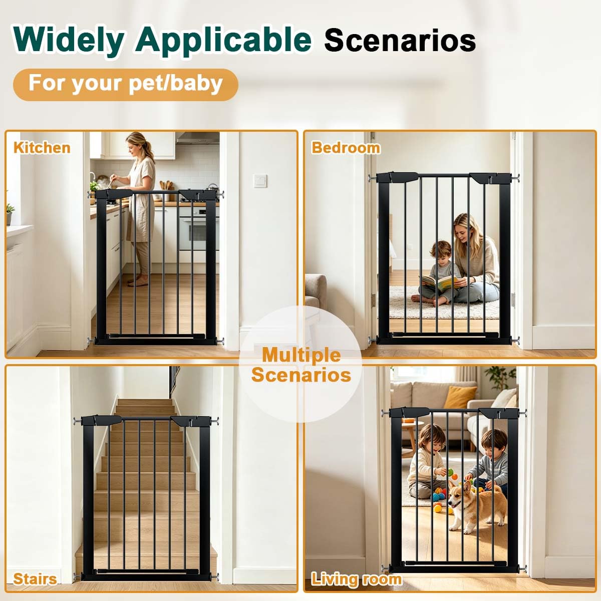 36" Tall x 22.8-25.5" Wide Extra-Tall & Extra-Wide Adjustable Hardware/Pressure-Mounted Pet & Child Safety Gate with Dual-Lock Walk-Through Swing Door for Stairs, Hallways & Wide Doorways