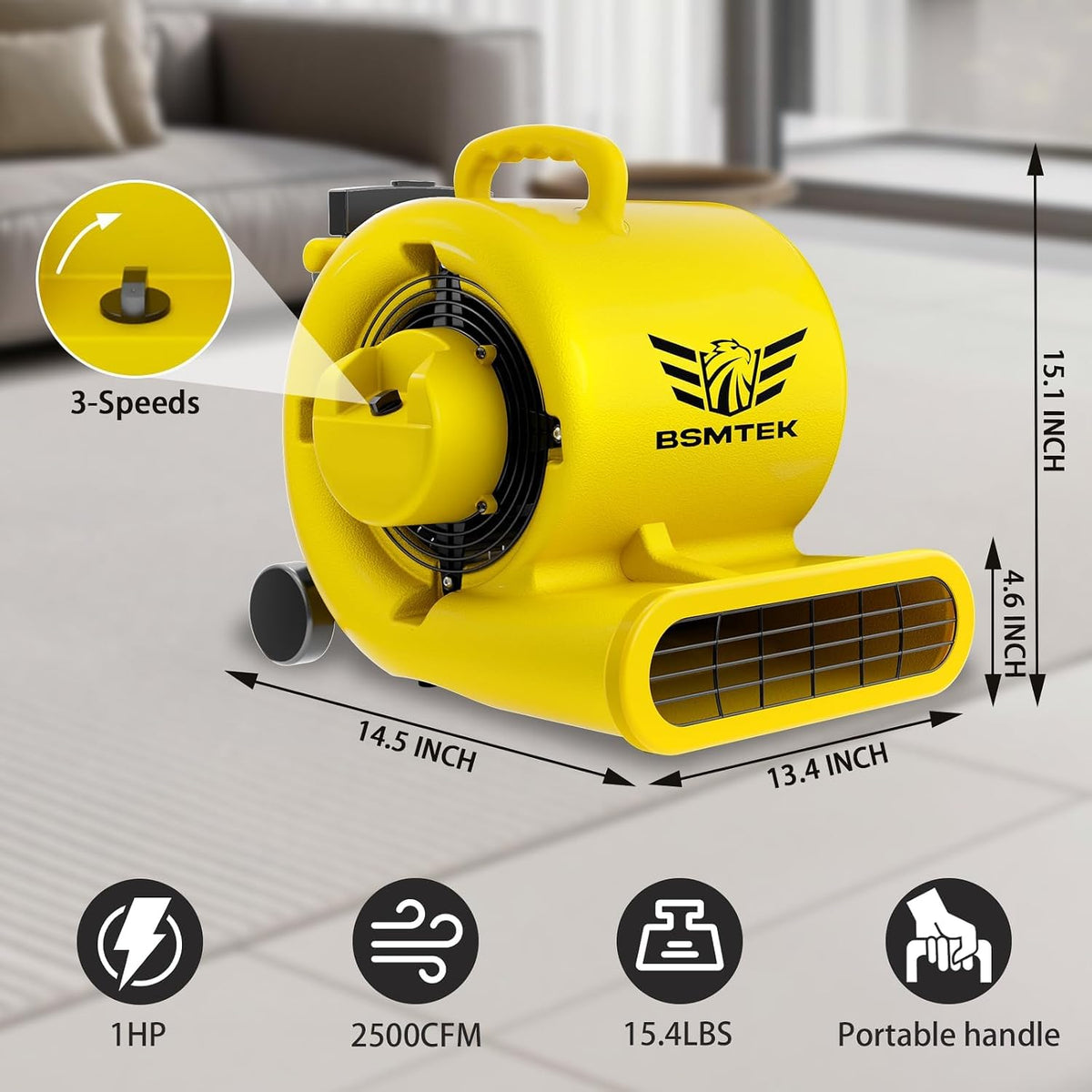 2500-5000 CFM 1HP Air Mover Blower Fan, Floor Blower Dryer, 3 Speeds, 4 Adjustable Angles, Handle Wheelkit, 15Ft Long