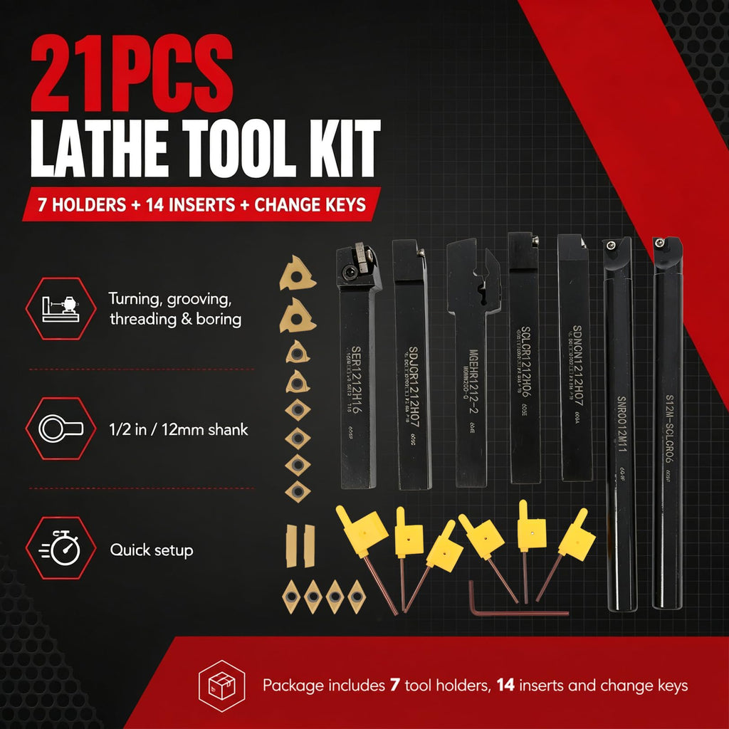 Nakkaa 21Pc Indexable Lathe Turning Tool Kit 1/2" Shank for Turning Boring