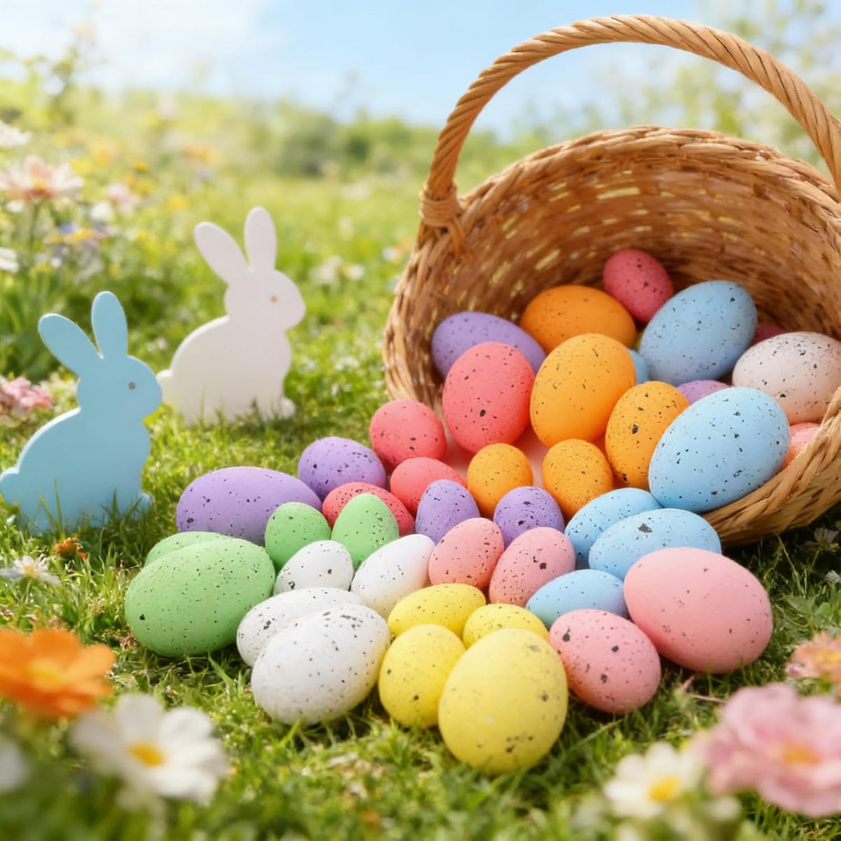 32 PCS 3 Sizes 8 Colors Pastel Speckled Easter Eggs Decor,Foam Easter Egg Decoration for Easter Basket Vase Fillers