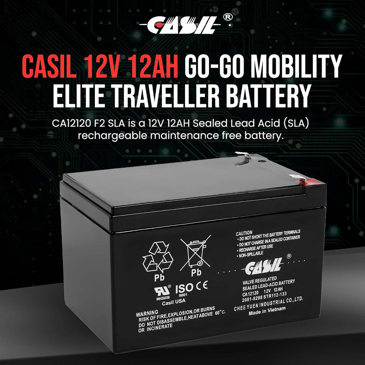 Casil 12V 12Ah SLA AGM Battery 2 Pack – Mobility Scooter Replacement for Go-Go Elite Traveller SC40E SC44E, Sealed Lead Acid Rechargeable 12 Volt 12Ah Battery