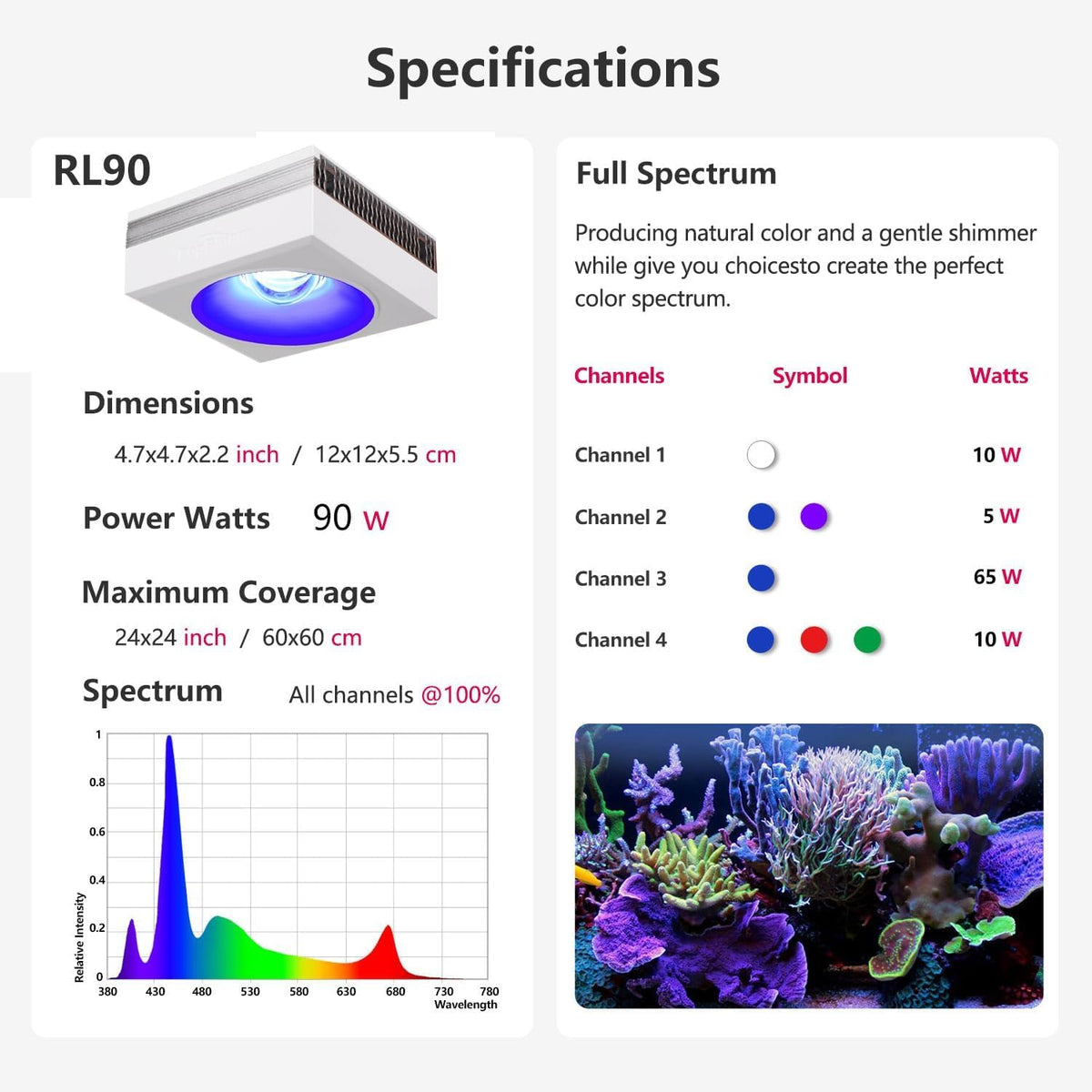RL90 WiFi Reef LED Light, 100W Reef Aquarium Lighting for SPS LPS Corals and Saltwater Fish Tanks, Enhanced Violet