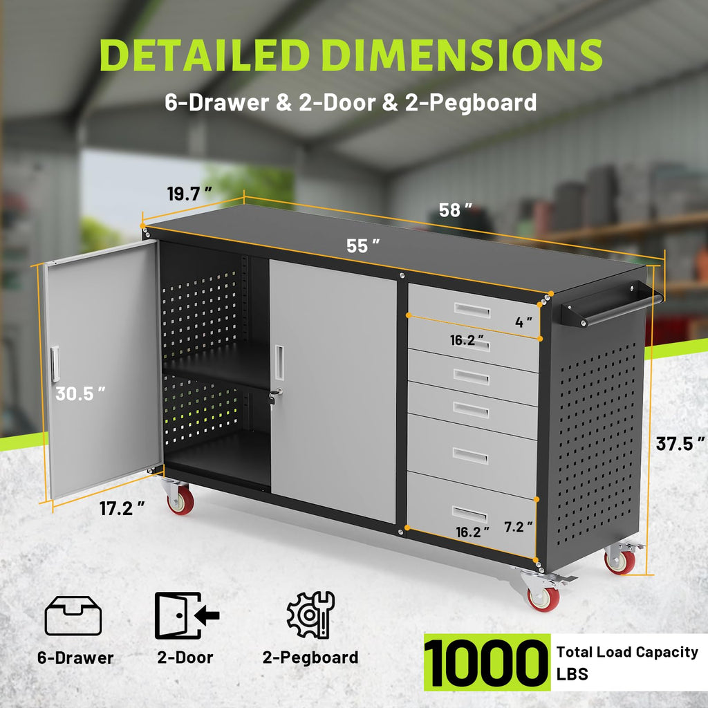 55"W Heavy Duty Rolling Workbench with Drawers and Storage,1000 LBS Capacity Work Bench with Lockable Cabinet &