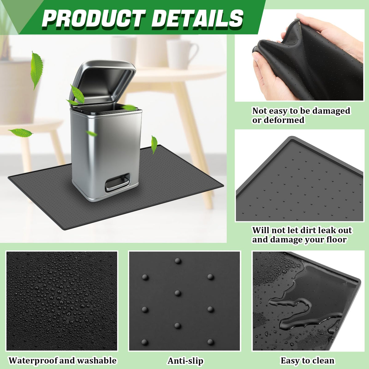 Waterproof Kitchen Trash Can Mat Non-Slip, Black, 11.8" X 18.9"