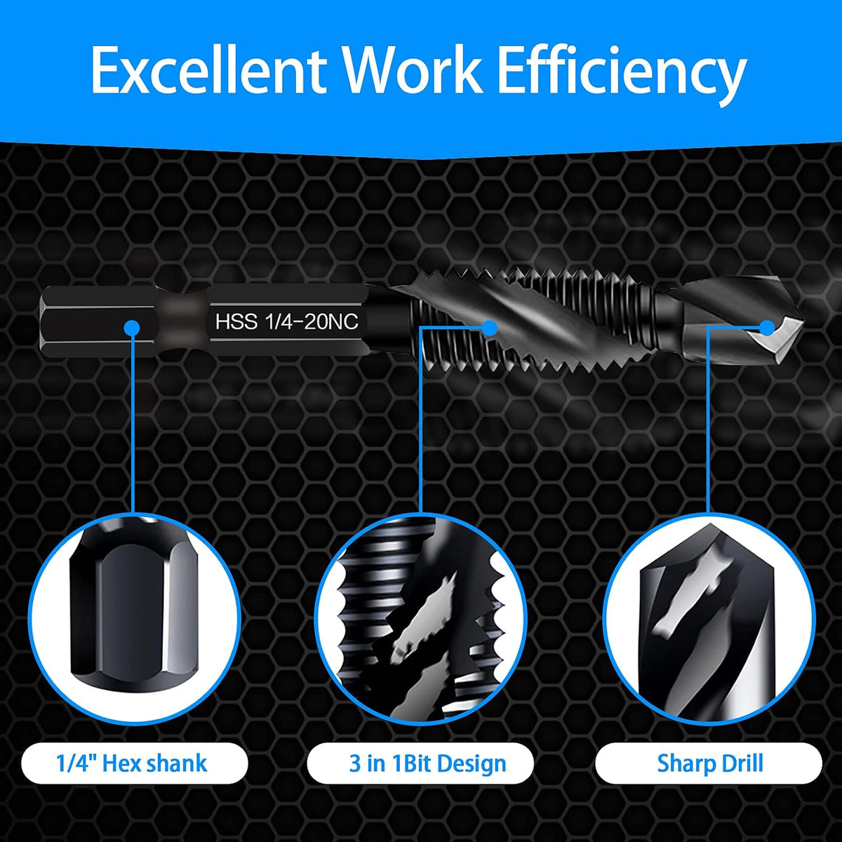 6-Piece 6-32NC Combination Drill Tap Countersink Bit Set SAE, Made of High-Speed Steel with Anti-Rust Blackened Coating, Ideal for Soft Metal, Wood & Plastic, 6-32NC Thread Size, 1/4” Hex Shank