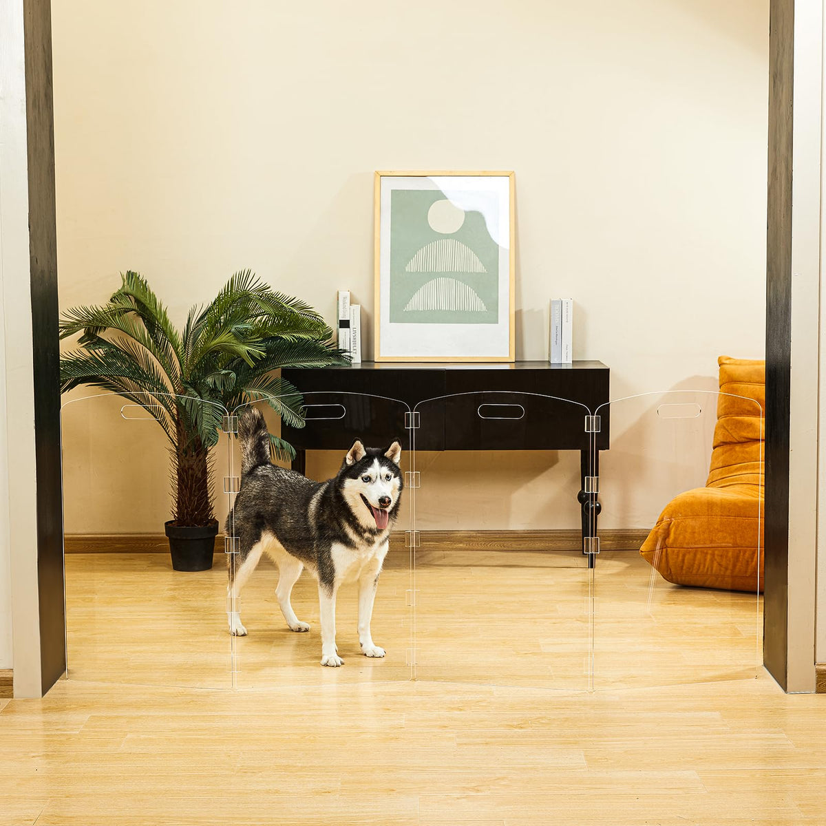 32" Tall 4-Panel Clear Acrylic Freestanding Indoor Pet Barrier Gate with Modern Folding Frame for Wide Doorways, Hallways & Stairs