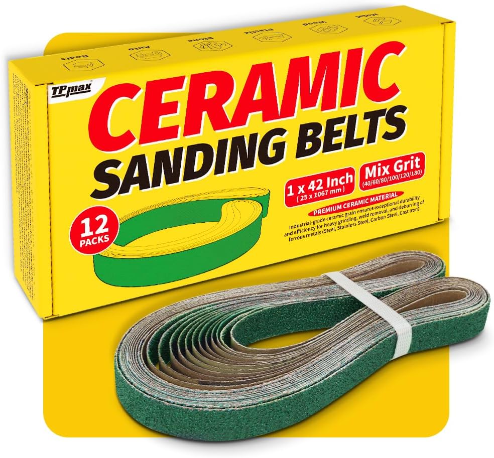 12 Pack 1 x 42 Inch Zirconia Ceramic Sanding Belts Kit – 40, 60, 80, 100, 120, 180 Grits Premium Metal Grinding Belts for Knife Sharpening, Stock Removal, and Bevel Work