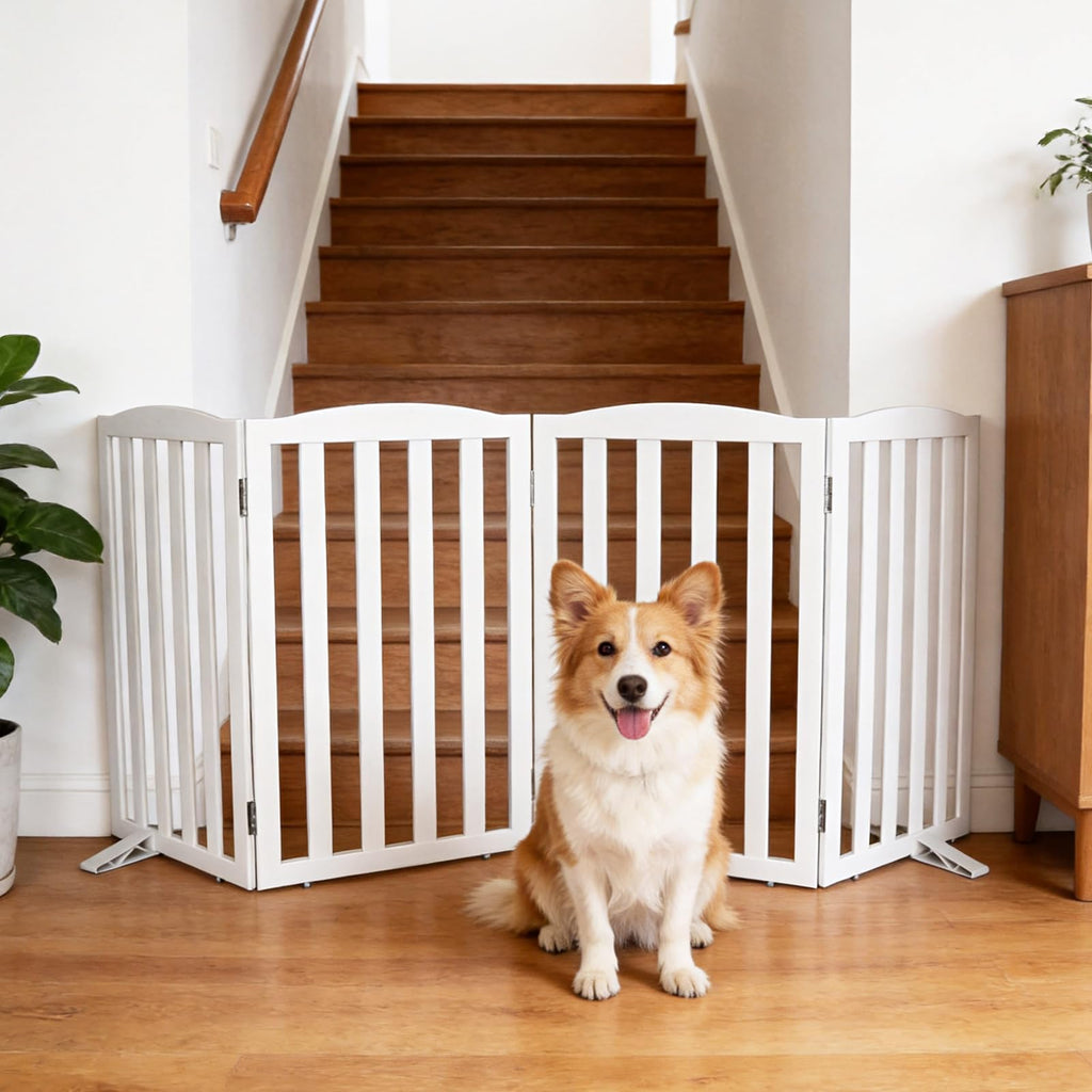 Freestanding Solid Wood Folding Pet & Dog Barrier Gate with Support Feet for Wide Indoor Openings, Hallways & Stairs — White