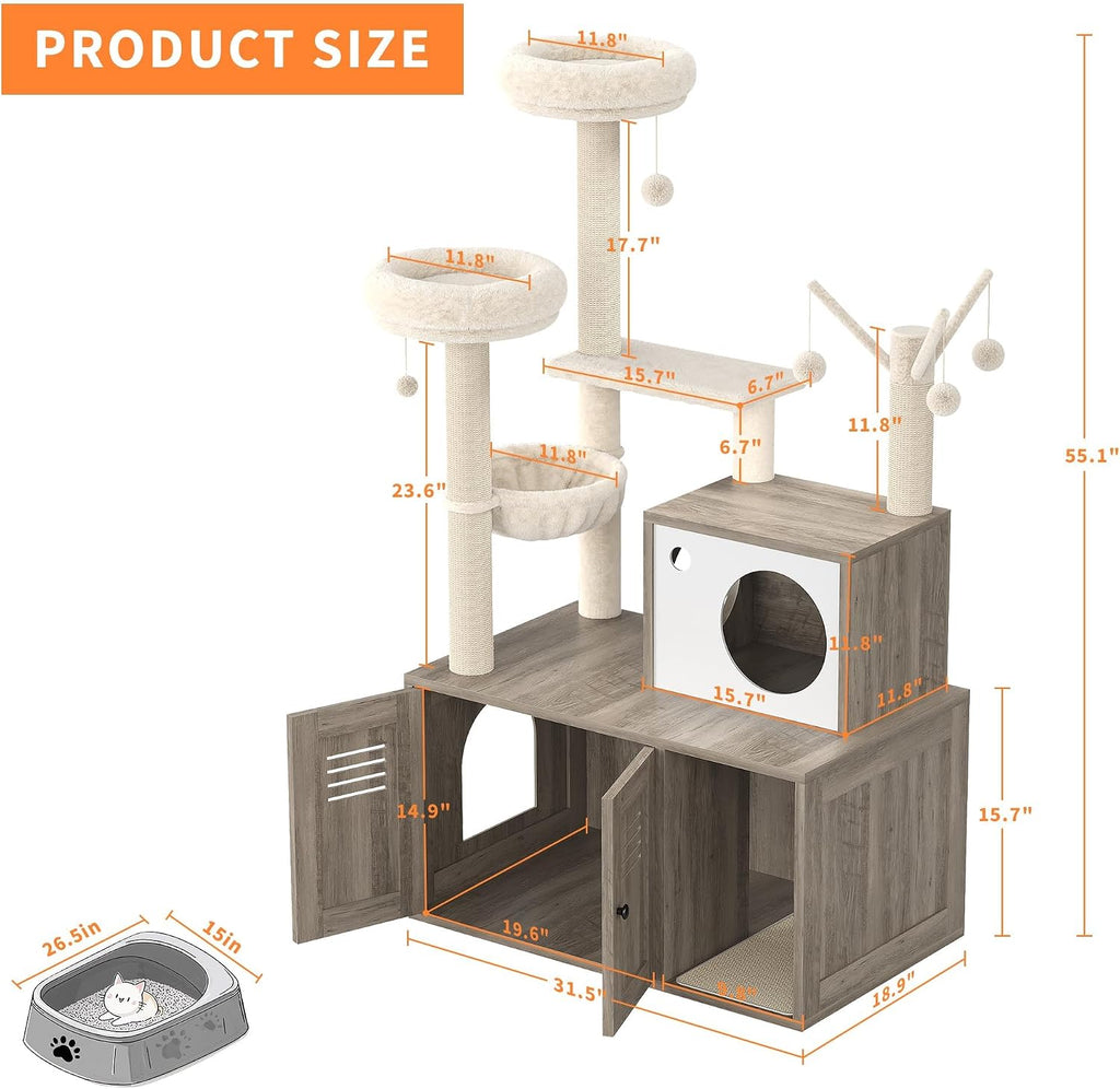 Cat Litter Box Enclosure with Tree Tower and Condo, Multi-Level Cat Tree with Scratching Posts, Cozy Hammock, Hanging