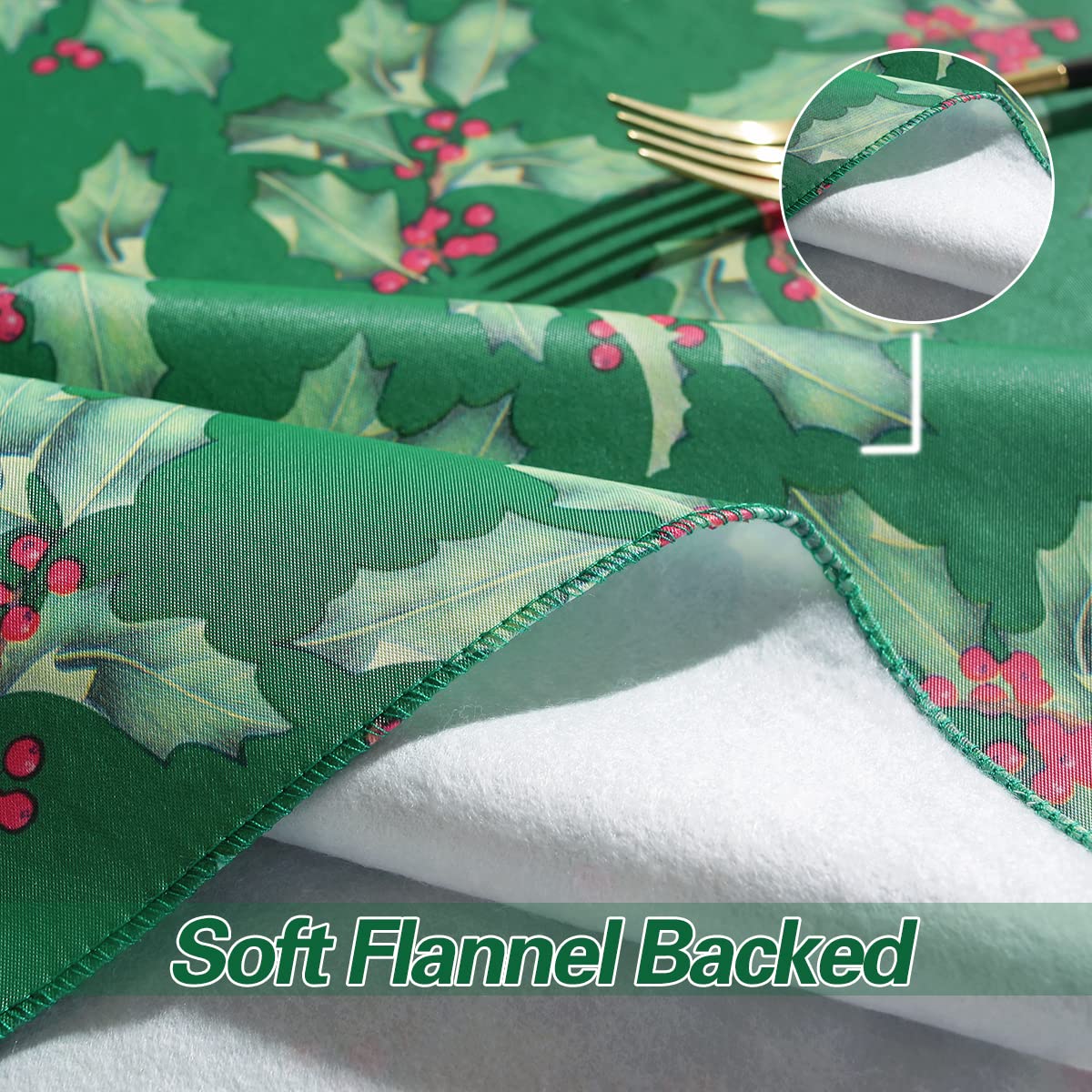 Vinyl Christmas Tablecloth Rectangle Flannel Backing, Vintage Holly & Berry Print Waterproof & Heavy Plastic Table
