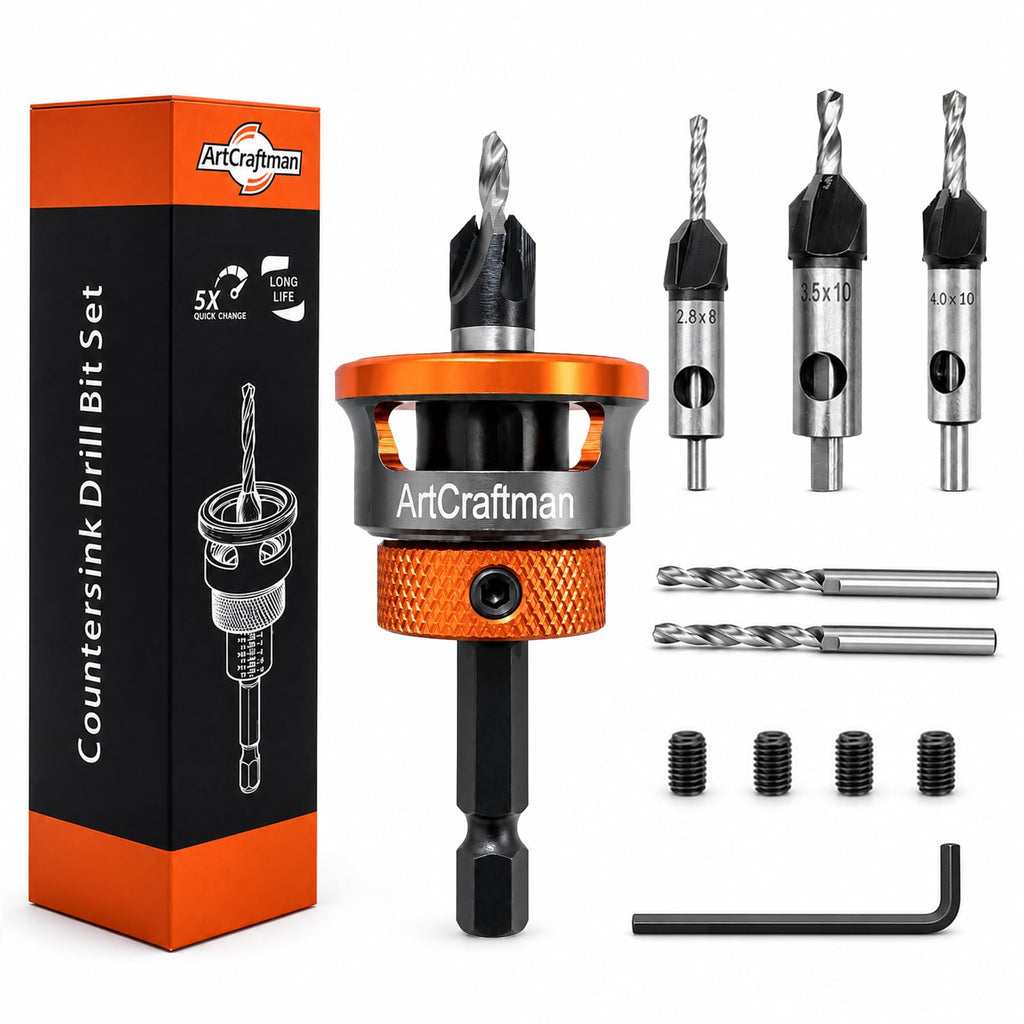 ArtCraftman 12 PCS Wood Countersink Drill Bits, M2 High Speed Steel 4-Flute Pilot Bits, Depth Stop & L-Wrench, Precision Kit for Wood, Plastic, DIY & Drilling Tasks
