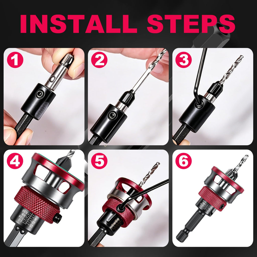 Countersink Drill Bits Set, 6PCS 4-Flute HSS M2 Bits with Depth Stop