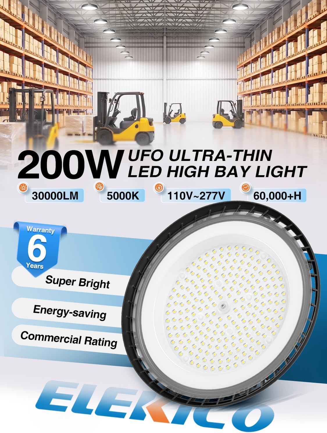 ELEKICO High Bay LED Shop Lights 200W 22500LM 5000K Ultra-Bright UFO Light
