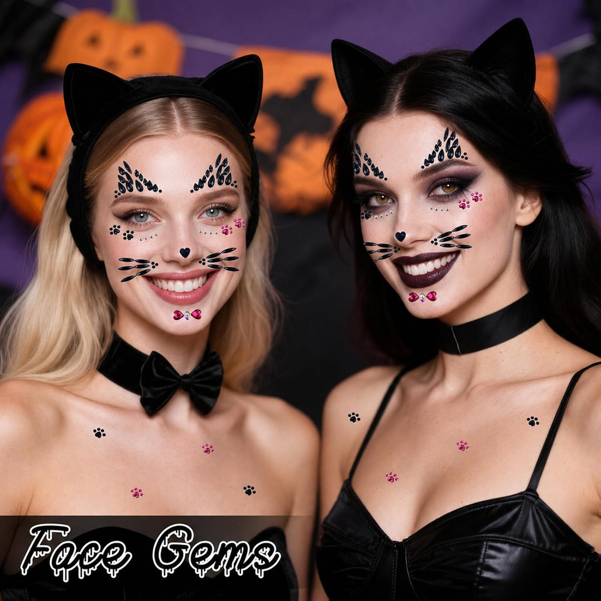 Crystal Cat Face Gems Stickers, 2-Sheet Cat Print Gem Jewels