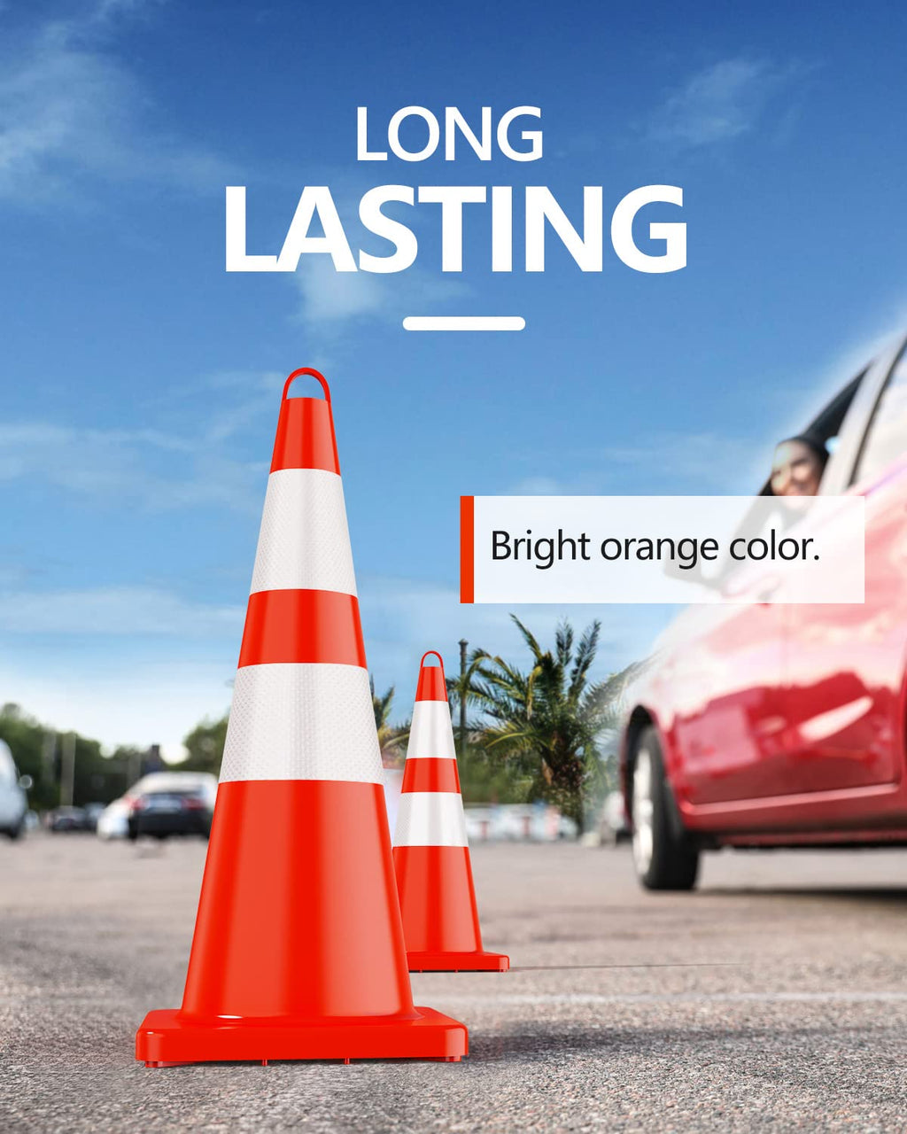 Traffic Safety Cones 28 Inch 6 Pack Orange Heavy Duty | Top ring for easy carry & storage, reflective collars, tough