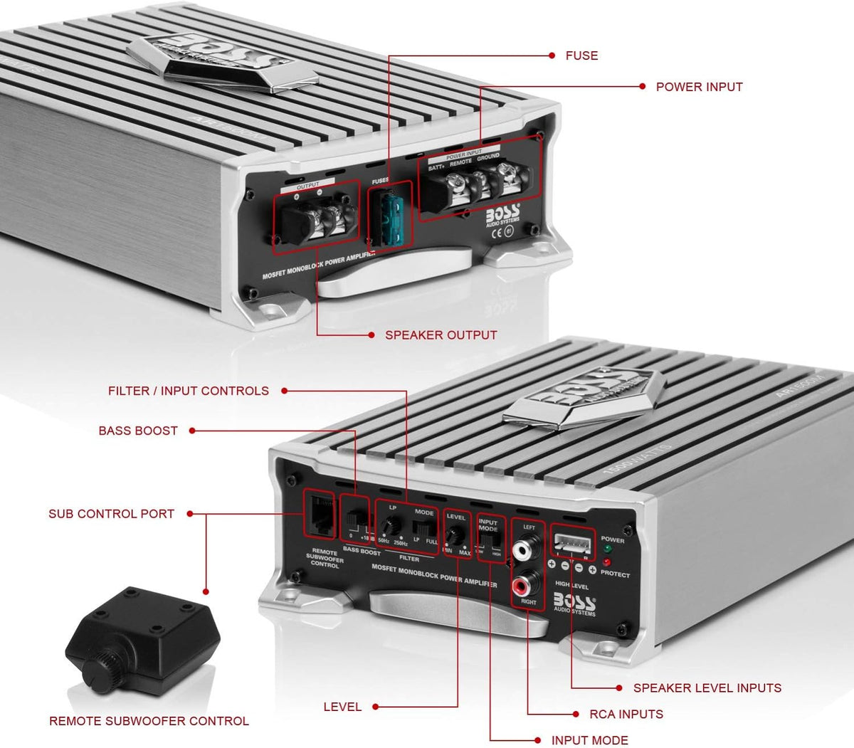 AR1500M Monoblock Car Amplifier - 1500 High Output, High/Low Level Inputs, Low Pass Crossover, Hook Up to Subwoofer