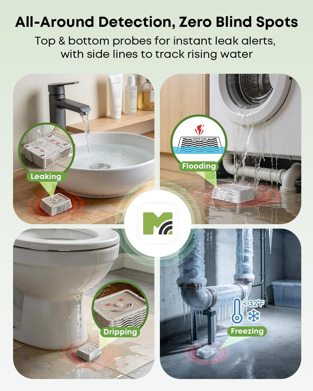 WiFi Water Leak Detector Kit, 2000ft Long Range, SMS App Email Alerts, 105dB Adjustable Alarm, Leak Severity