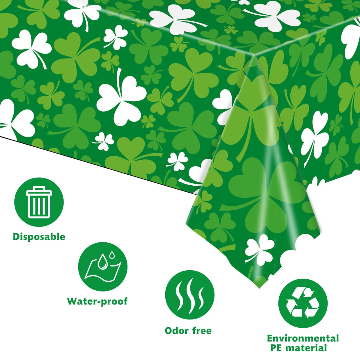 3 PCS St. Patrick’s Day Tablecloth, Green Shamrock Disposable Plastic Rectangle Table Covers for Irish Clover