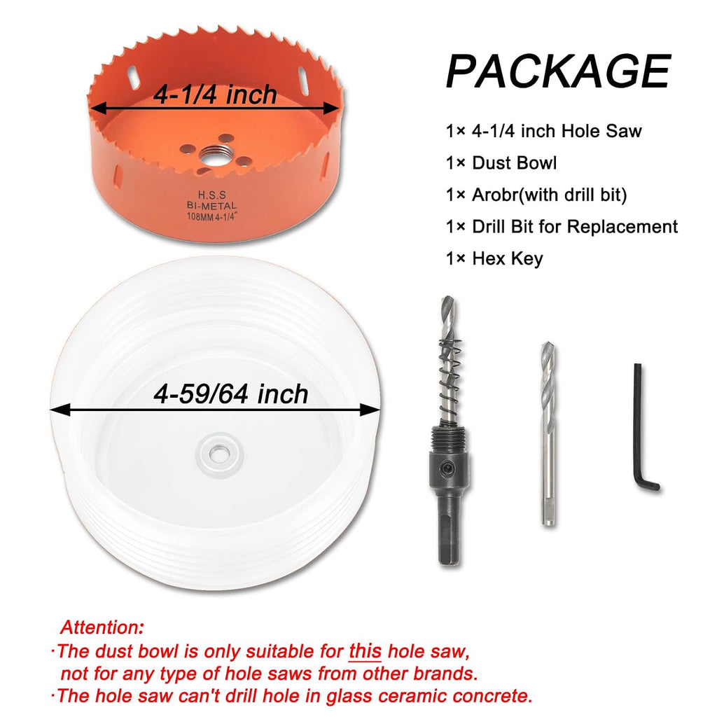 4.25" Hole Saw for Recessed Lights, with Dust Bowl Catcher