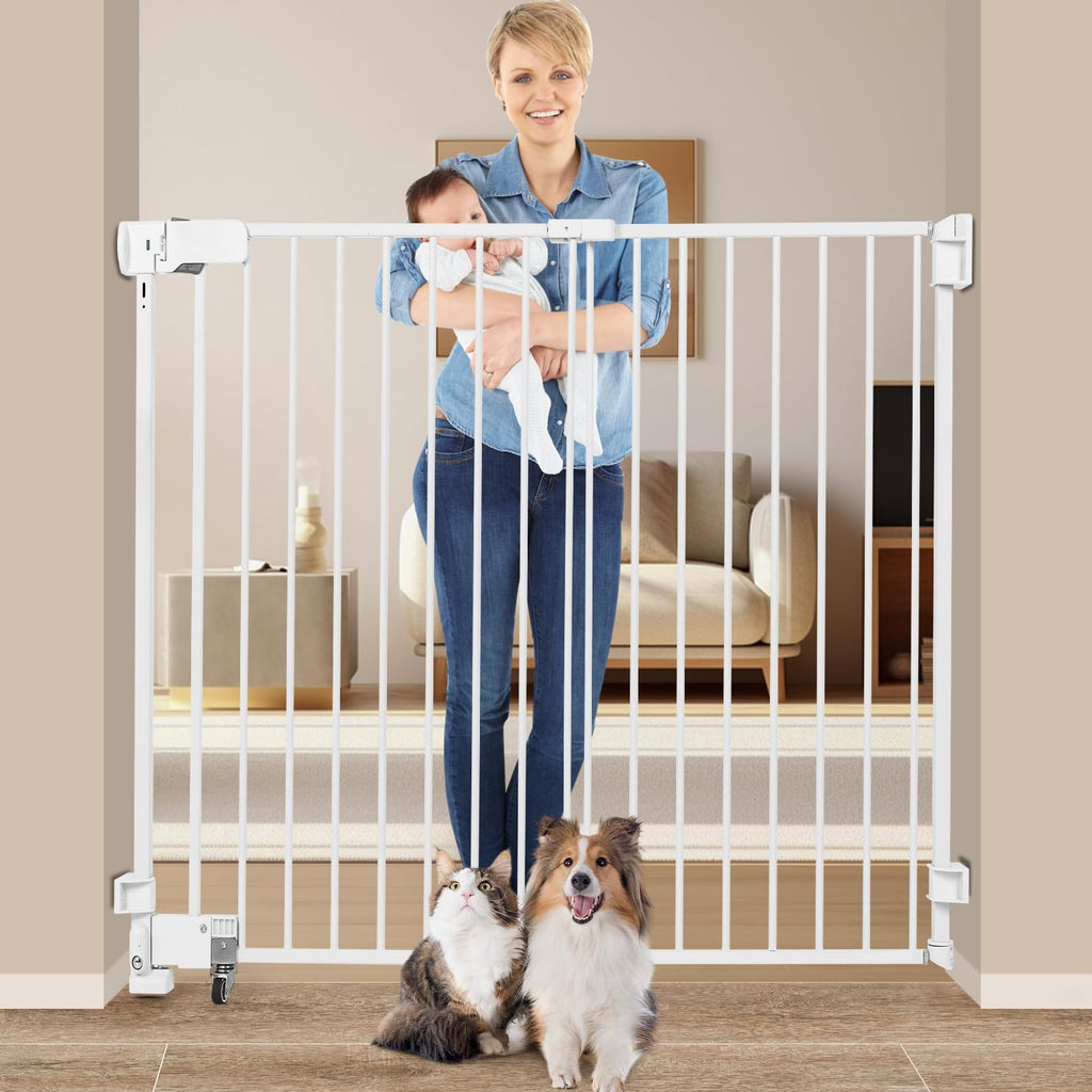 51.18" Tall Extra-Tall Adjustable Hardware/Pressure-Mounted Pet & Child Safety Gate with Dual-Lock Walk-Through Swing Door for Stairs, Hallways & Wide Doorways