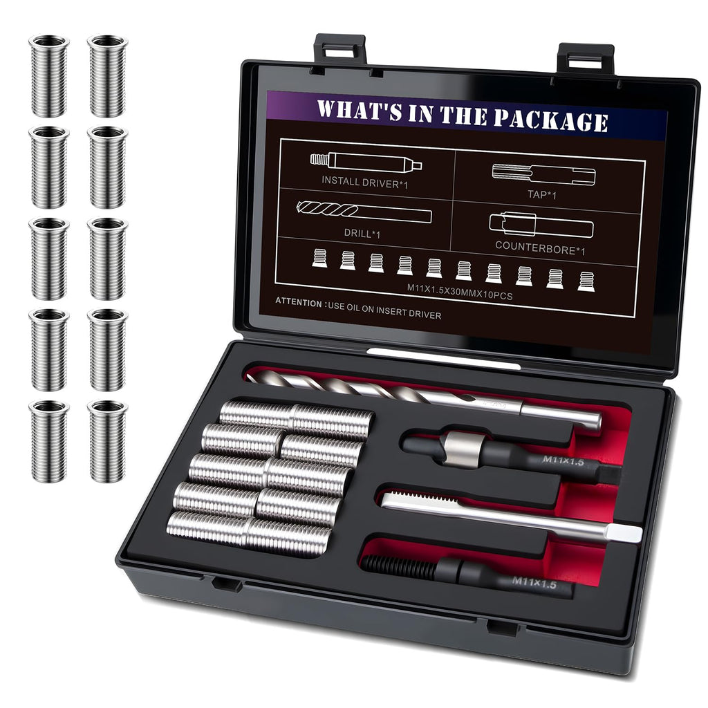 SENNMONN M11x1.5 Metric Thread Repair Kit with HSS Drill & Tap, Counterbore, Installation Driver, 10PCS M11X1.5X30MM 304 Stainless Steel Solid Inserts