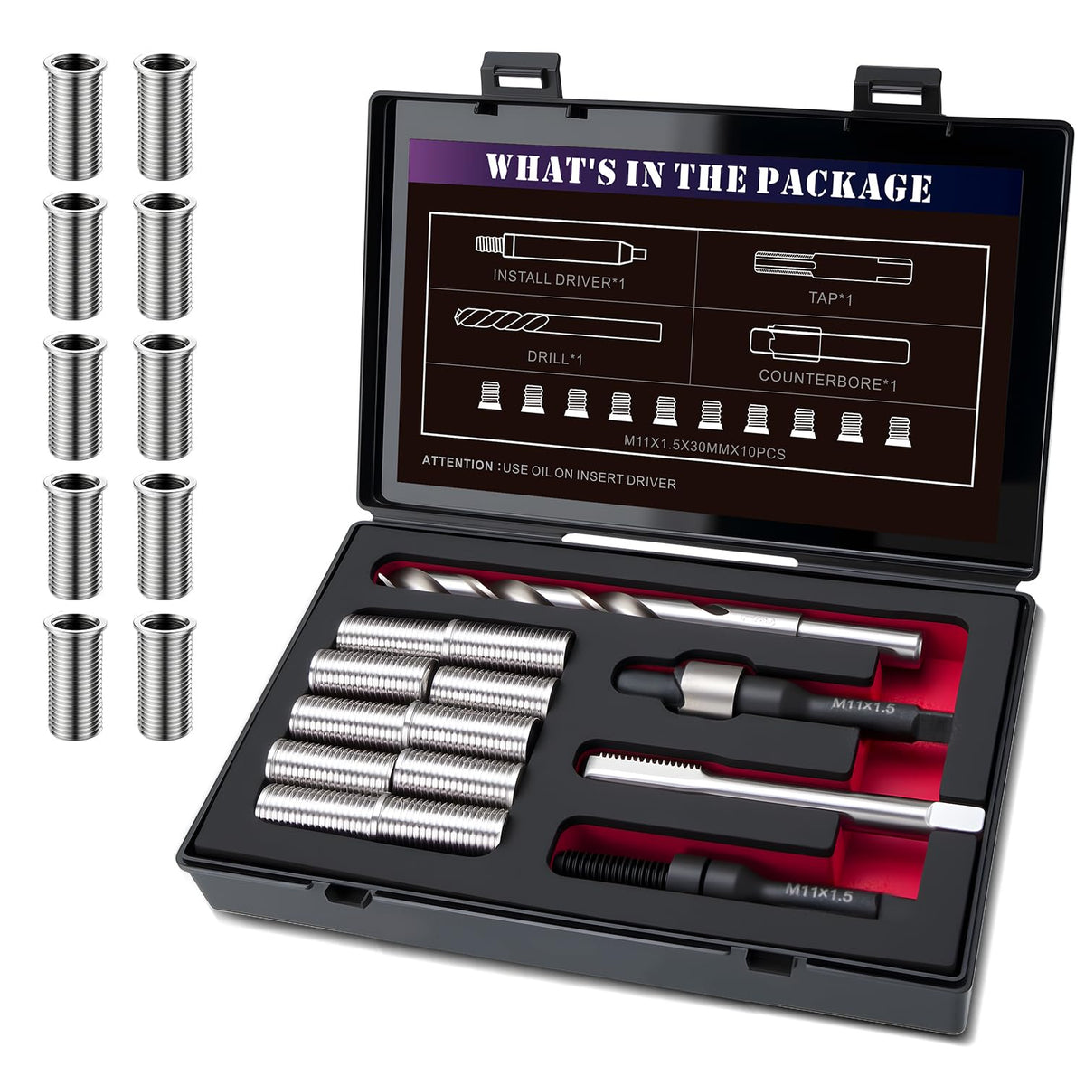 SENNMONN M11x1.5 Metric Thread Repair Kit with HSS Drill & Tap, Counterbore, Installation Driver, 10PCS M11X1.5X30MM 304 Stainless Steel Solid Inserts