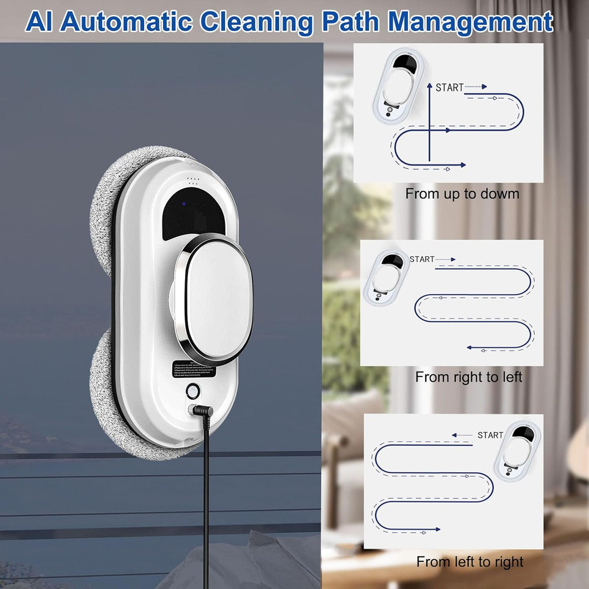 Window Cleaning Robot, Automatic, 5600Pa, 3 Cleaning Modes, Remote Control, 2 Pre-Installed 8 Replacement Cloths