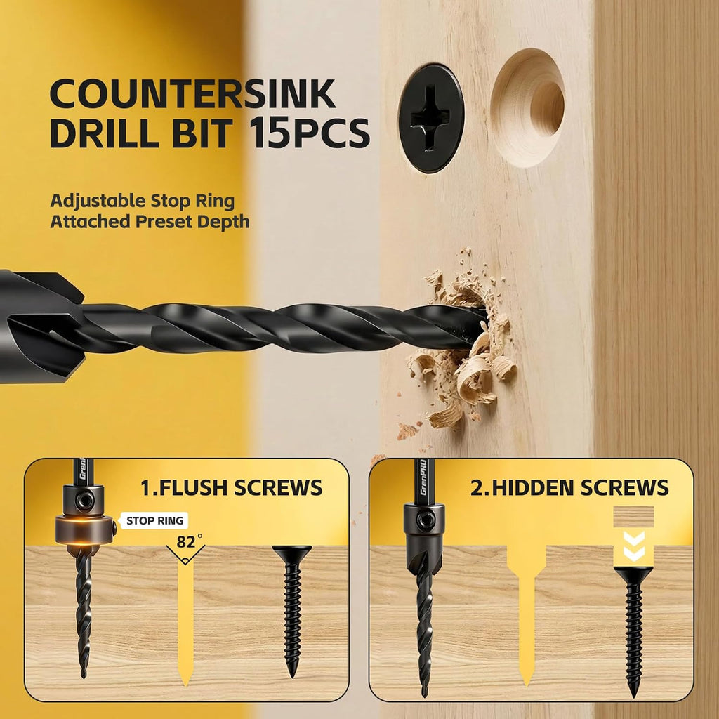 GRENPRO Countersink Drill Bit Set, 15PCS Tapered Bits with 2 Plug Cutters
