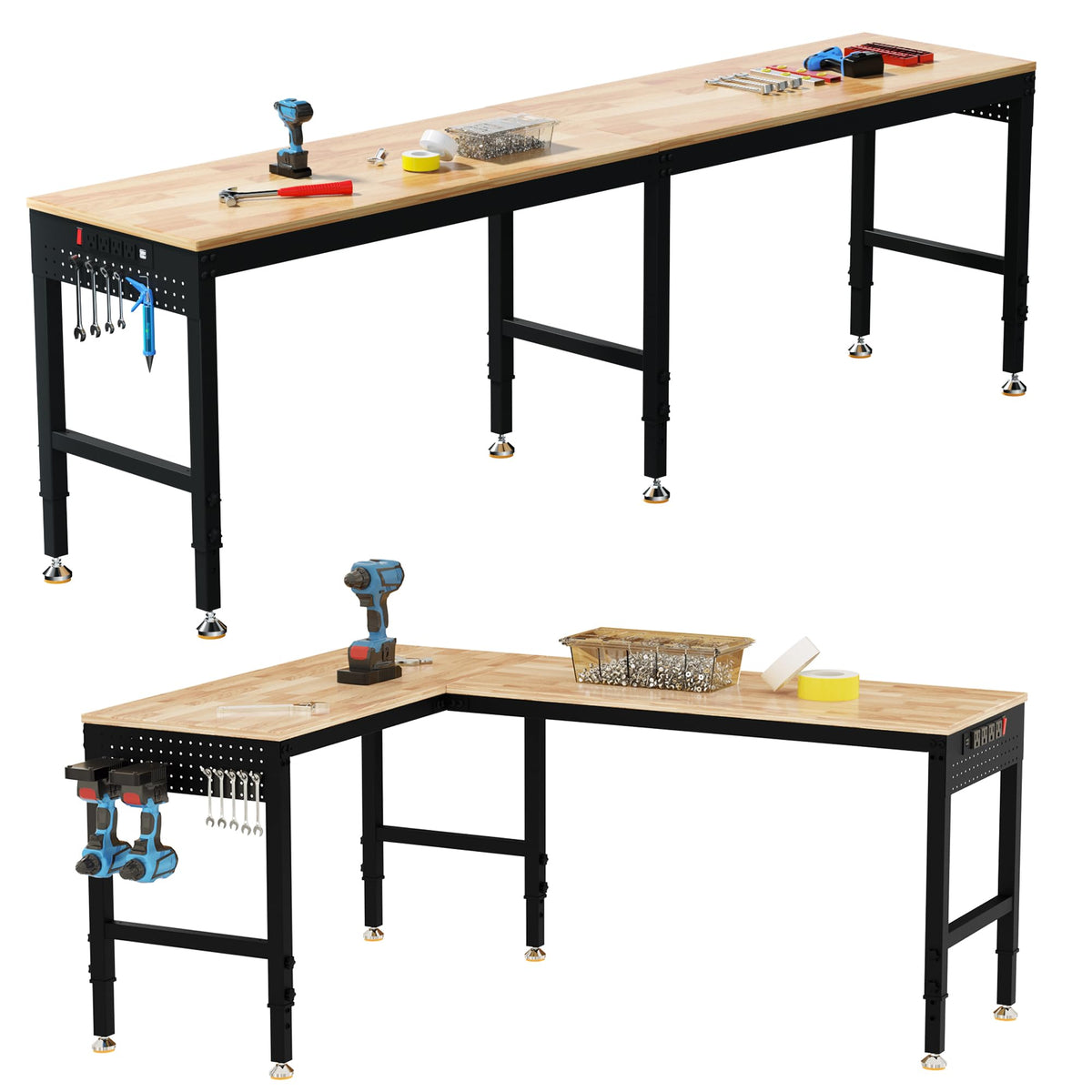 96" 2-in-1 Convertible Adjustable Workbench, L-Shaped & Extended 5000 LBS Heavy Duty Work Table with Power Outlets &