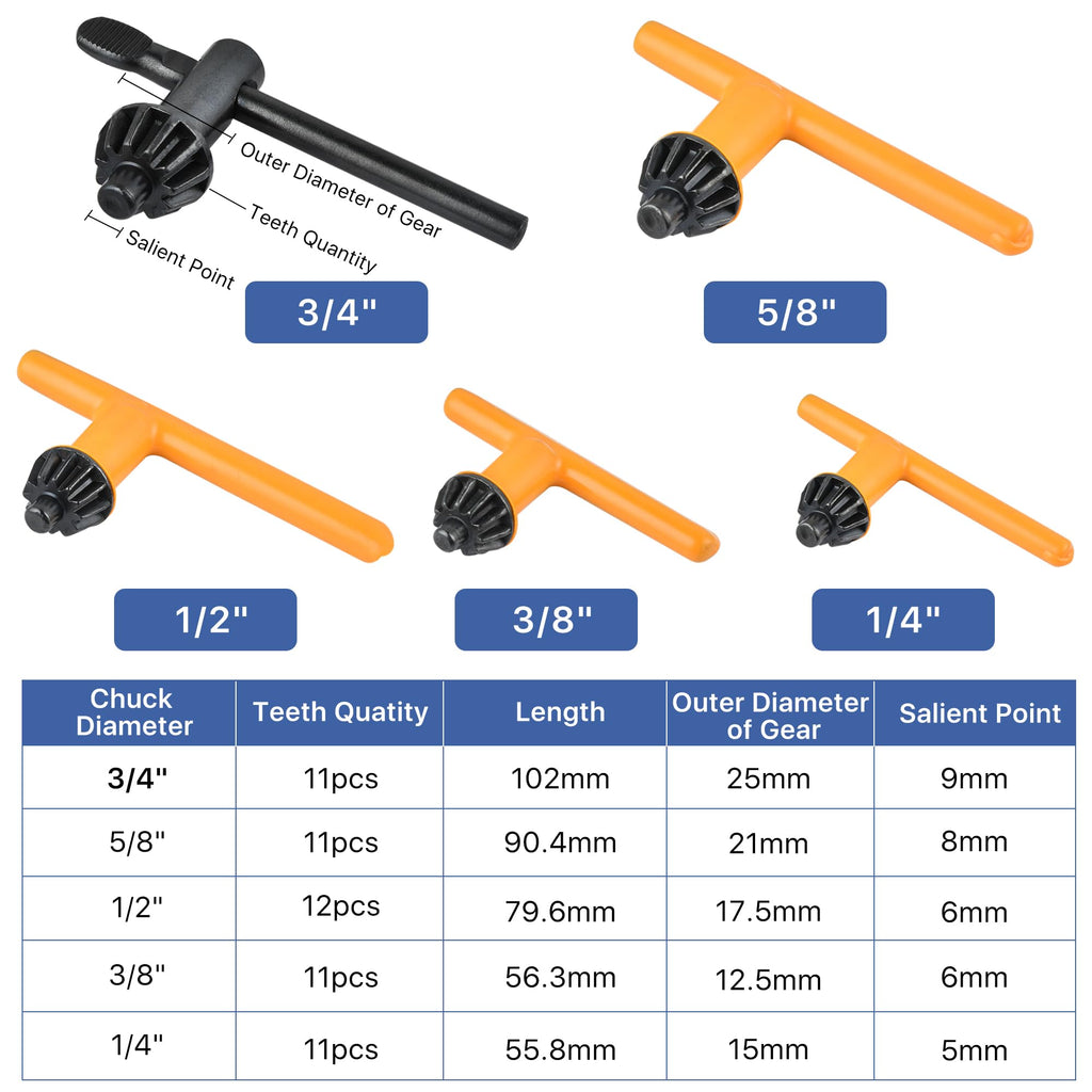 5 Sizes Drill Chuck Key, Drill Press Chuck Key Replacement for Craftsman