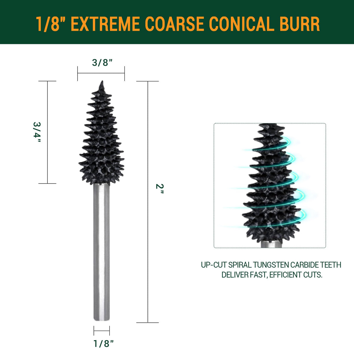 Extreme Spikes Conical Rotary Burr, 1⁄8" Shaft, Very Coarse - dremel burr bit for wood carving-fit rotary tool Dremel, Foredom, DeWalt, Milwaukee. Abrasive Tungsten Carbide