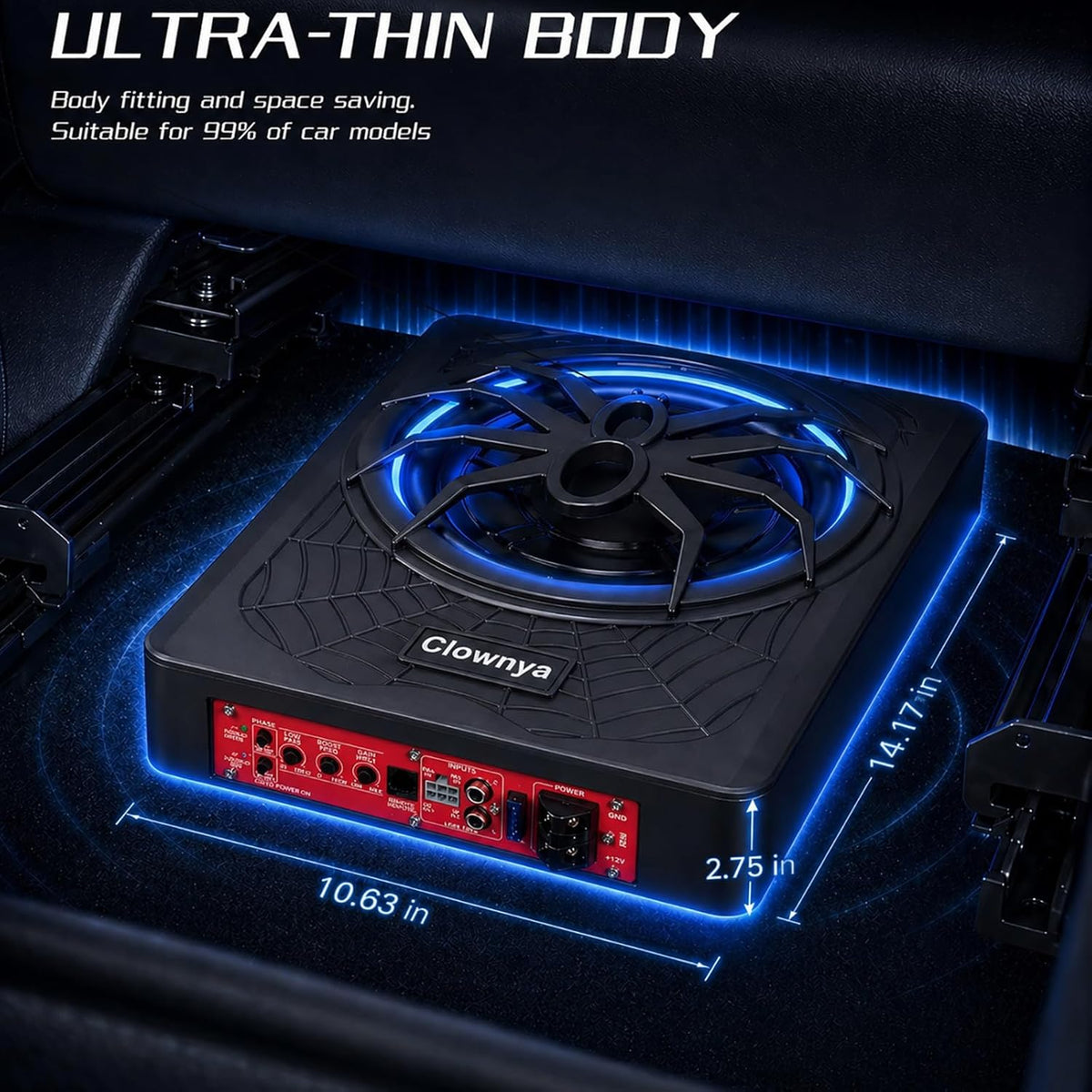 10" 1200W Slim Under-Seat Powered Car Subwoofer with Built-in Amp | Aluminum enclosure, high and low level RCA and