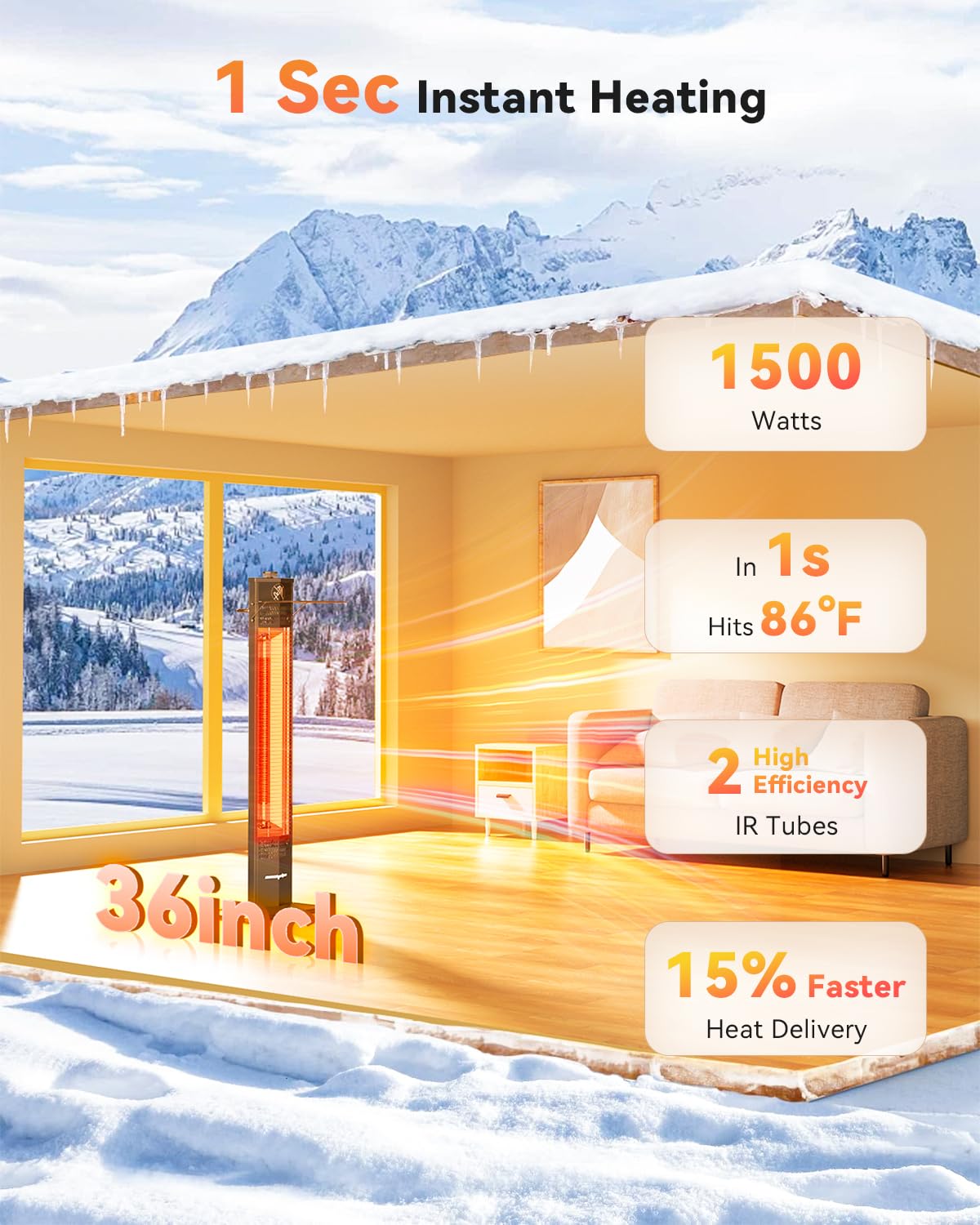 Patio Heater for Outdoor Use,1500W Infrared, 36 in Portable Tower Heater, 3 Levels, IPX5 Waterproof