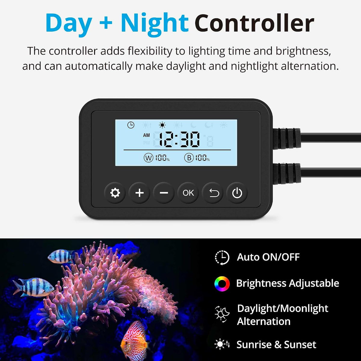 32W Saltwater Aquarium Light, Marine LED Reef Light for Corals, Programmable Timer Controller, 30 to 36-Inch