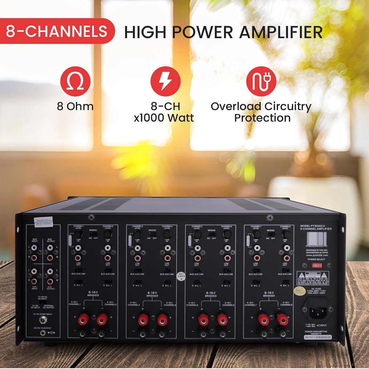 4 Multi-Zone Stereo Amplifier - 19” Rack Mount, Powerful 8000 Watts with Speaker Selector Volume Control & LED Audio