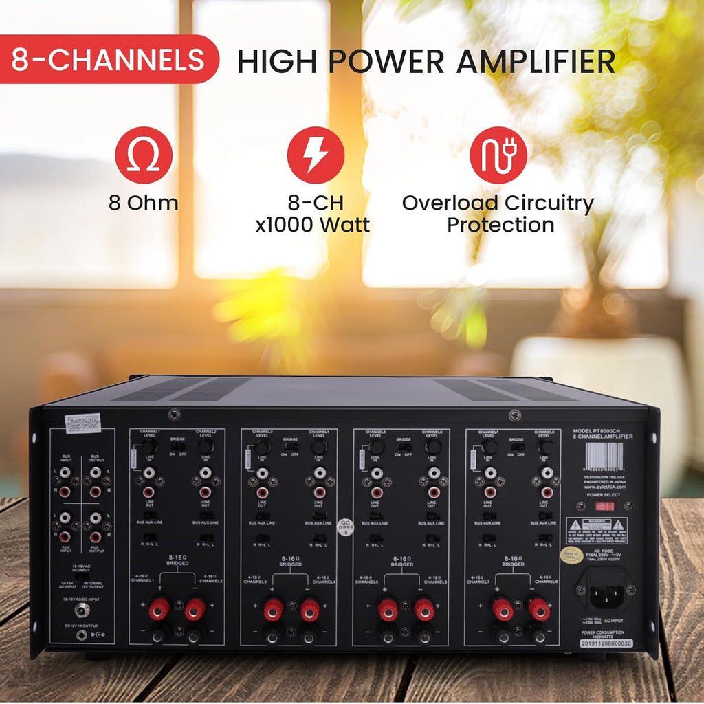 4 Multi-Zone Stereo Amplifier - 19” Rack Mount, Powerful 8000 Watts with Speaker Selector Volume Control & LED Audio