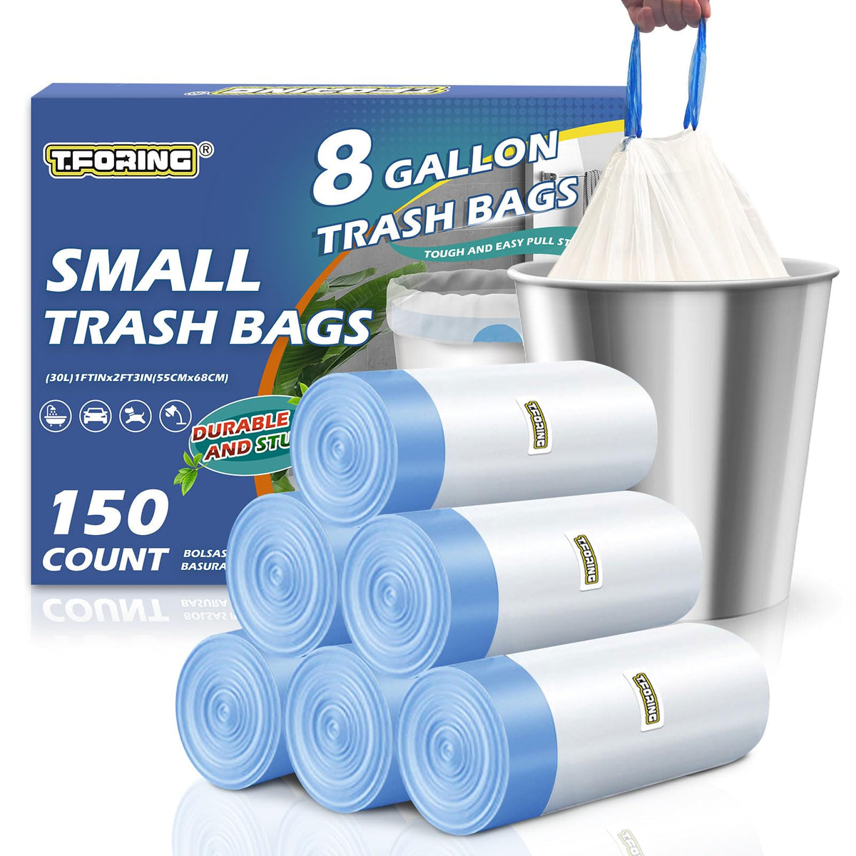 Medium 8 Gallon Trash Bags Drawstring,1.2 Mil,Unscented,150 Count
