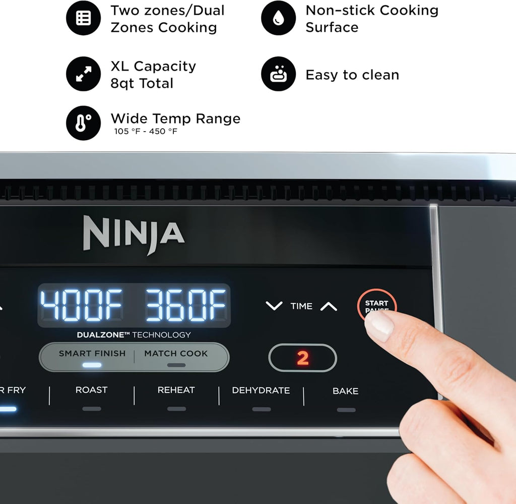Ninja DZ201 Foodi 8 Quart 6-in-1 DualZone 2-Basket Air Fryer with 2 Independent Frying Baskets, Match Cook & Smart