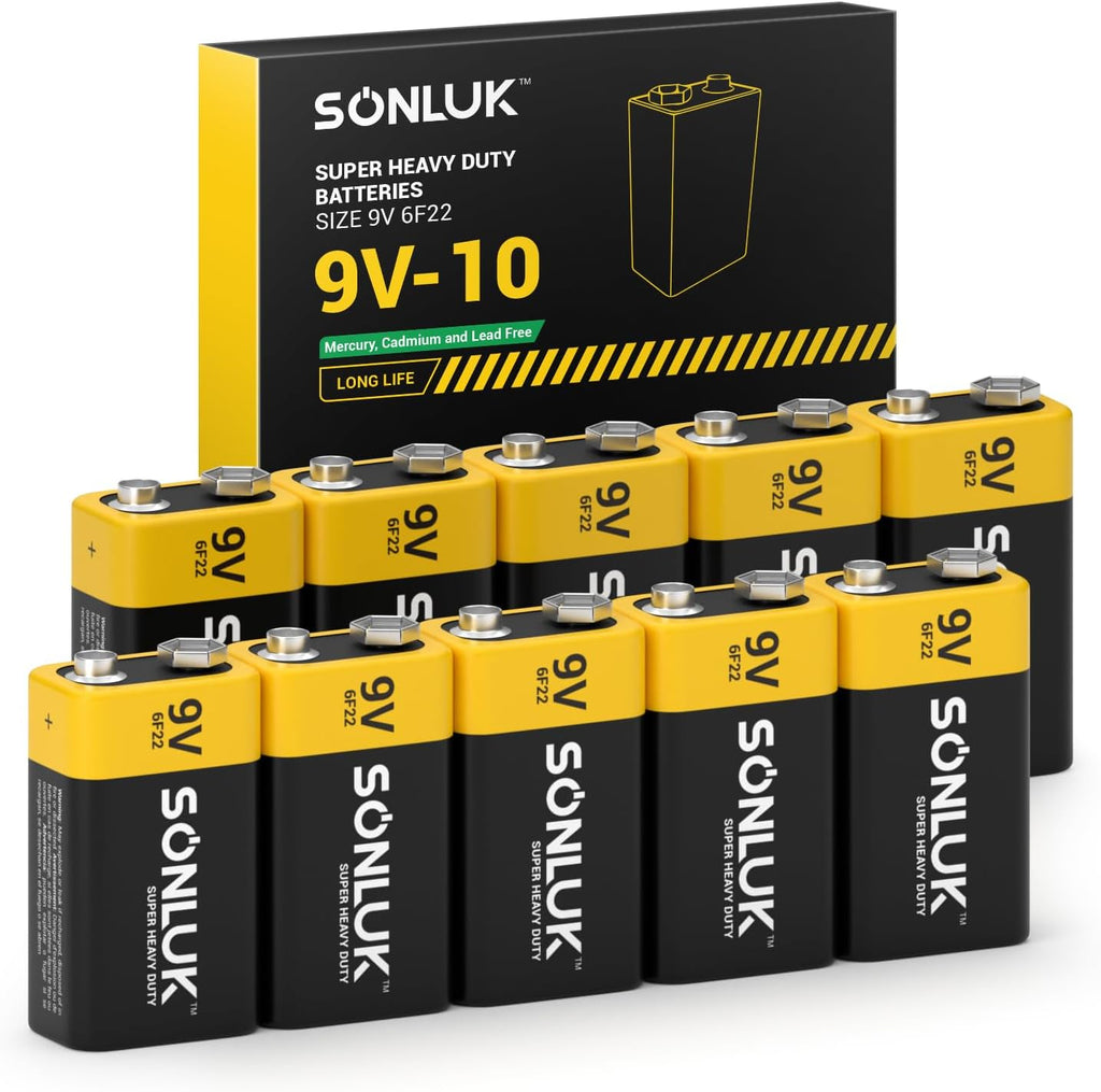 9V Batteries 10 Pack Carbon Zinc 6F22 Square 9 Volt Battery for Smoke/CO Detector, Ultra Long Lasting